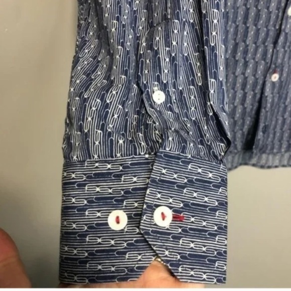 Bugatchi Long Sleeve Geometric Print Navy Button Up Shirt, size M - Picture 4 of 10
